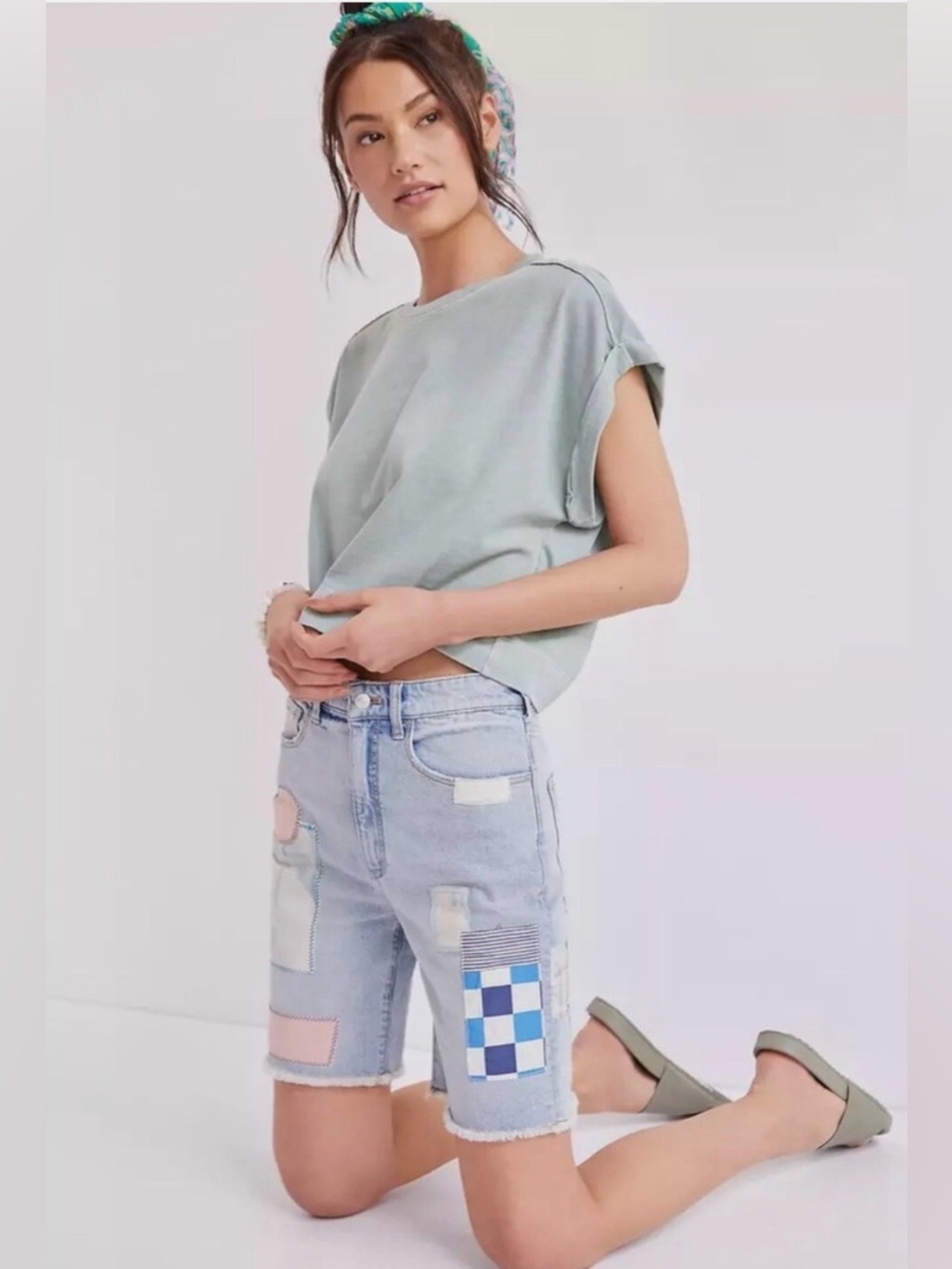 Anthropologie Patchwork Light Blue Denim Bermuda Shorts